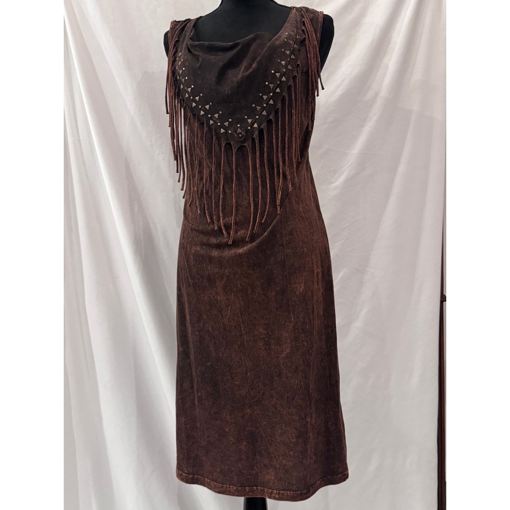 Petrol Brown Acid Wash Fringe Studded Cowl Neck Western Boho Midi Dress Mens